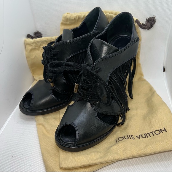 Authentic Louis Vuitton Leather Peep Toe Fringe Heeled Sandals - Picture 1 of 10